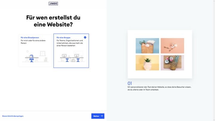 Jimdo Dolphin fragt dich, ob du die Seite für eine Einzelperson oder Gruppe erstellst