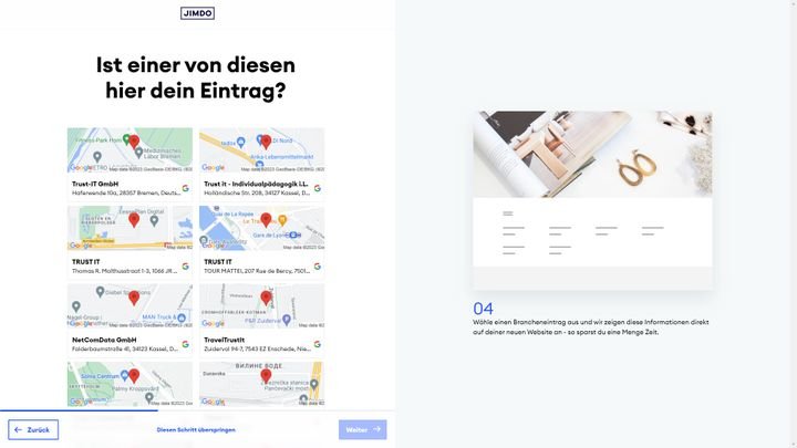 Jimdo Dolphin checkt, ob es bereits Einträge für deine Firma im Netz gibt und übernimmt die Eckdaten