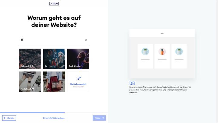 Obwohl ich die Website-Art schon definiert hatte, fragt Jimdo nochmal nach dem Website-Thema