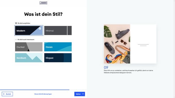 Jimdo bietet sechs Design-Vorschläge…
