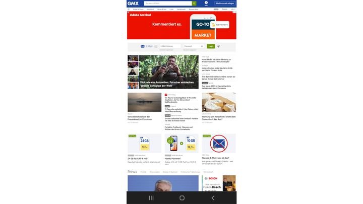 Gut, dass GMX auch eine mobile Variante hat. So wäre die Page viel zu fummelig zum Bedienen.