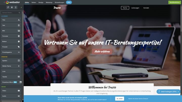 Webador erstellt für dich via KI eine Seite mit Platzhalter-Inhalten