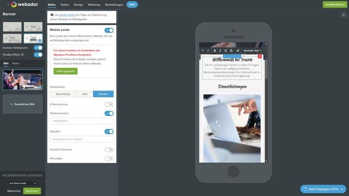Webador lässt dich deine Seite im wörtlichen Sinne “mobile first” bauen, wenn du das willst