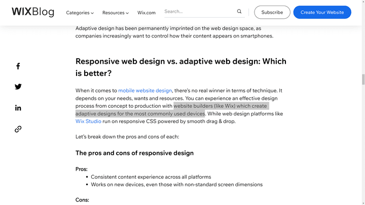 Mit Wix erstellte Seiten (abseits von “Studio” sind laut Wix-Blog adaptiv