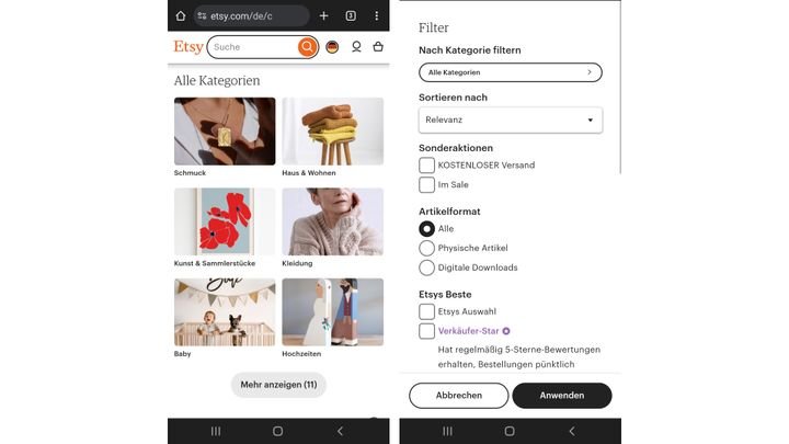 Etsy bietet in der mobilen Versionen alle Funktionen aus der Desktop-Website
