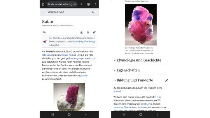 Wikipedia bietet Klappelemente und angepasste Fonts für eine ideale Mobilumsetzung