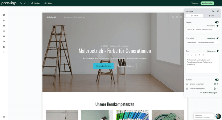 Paceways unterstützt dich mit Künstlicher Intelligenz dabei, in kurzer Zeit eine Website für dein Business auf die Beine zu stellen