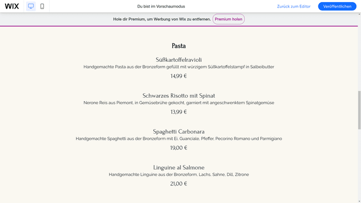 Veröffentliche eine Speisekarte mit Preisangaben