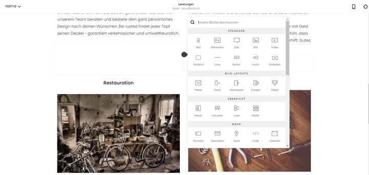 Neue Widgets und Elemente sind bei Squarespace sehr schnell hinzugefügt