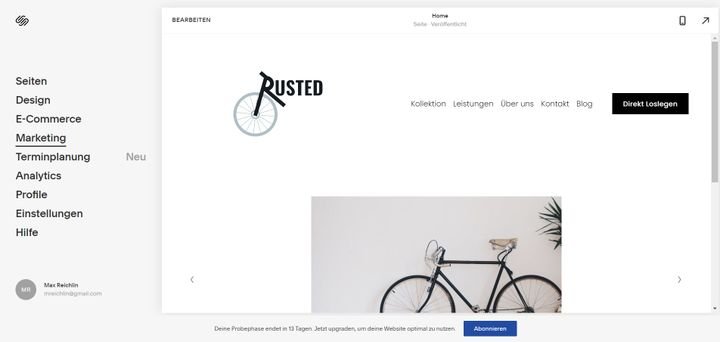Im Dashboard Ihrer Page finden Sie diverse Verwaltungstools wie Marketing oder Analytics