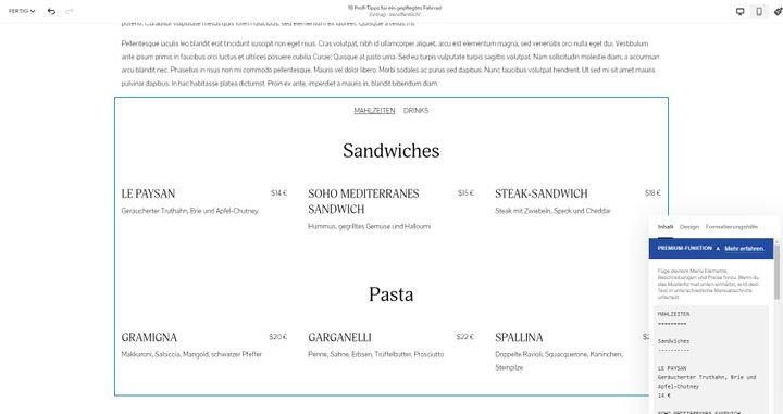 Statten Sie Ihre Restaurant-Seite mit einer Speisekarte aus