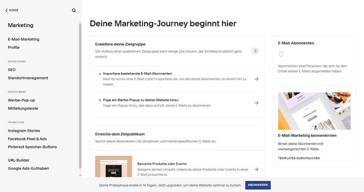 Die verfügbaren Marketing-Funktionen umfassen soziale Netzwerke und verschiedene Paid-Kanäle