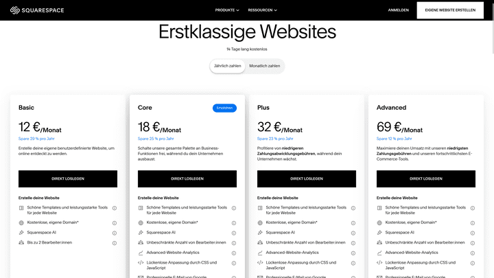 Die Preise von Squarespace