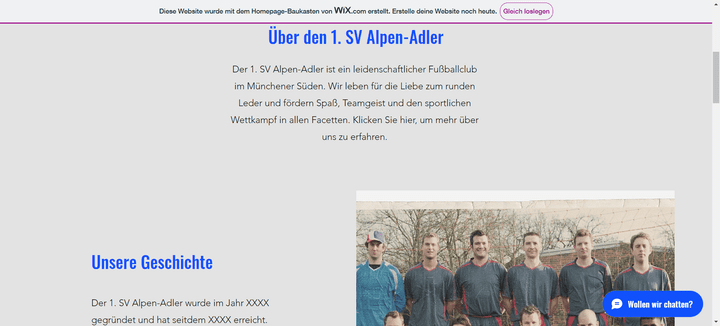 Auf der “About Page” oder “Über uns”-Seite ist Platz für noch mehr Fotos und die Vereinsgeschichte