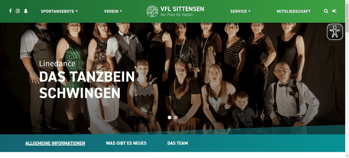 Der “Verein für Lebensfreunde” Sittensen überzeugt auf seiner Website mit einem knackigen und schönen Vorstellungstext, einem hübschen großen Header und einem guten Überblick über das Sportangebot. Die Navigation ist vielleicht etwas zu klein und etwas zu vollgestopft; ansonsten aber: eine wunderschöne Vereinsseite!