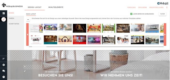 Rund 170 Designvorlagen stehen Ihnen im Editor von web4business zur Auswahl