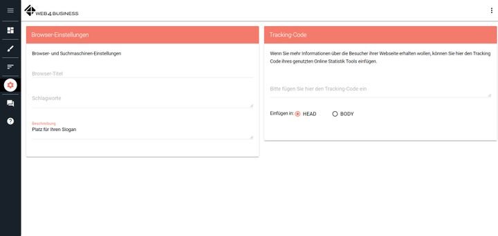 Die Standard-SEO-Einstellungen wie Meta-Tags und Co. nehmen Sie bei web4business aus Ihrem Dashboard aus vor