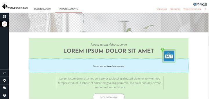 Die Platzierung neuer Elemente auf Ihrer Page ist nur an bestimmten Punkten bzw. in bestimmten Zeilen möglich