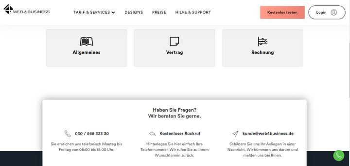 Einen überschaubaren Service-Bereich sowie die Kontakt-Daten zu web4business finden Sie auf der Anbieterpage