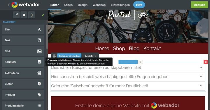 Webador bietet Ihnen die wichtigsten Standard-Widgets