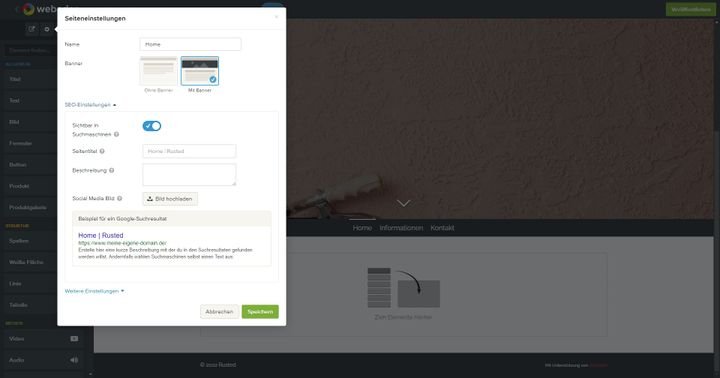 Für SEO bietet Webador Ihnen die Möglichkeit, die SERP Ihrer Website mit individuellen Meta-Tags auszustatten