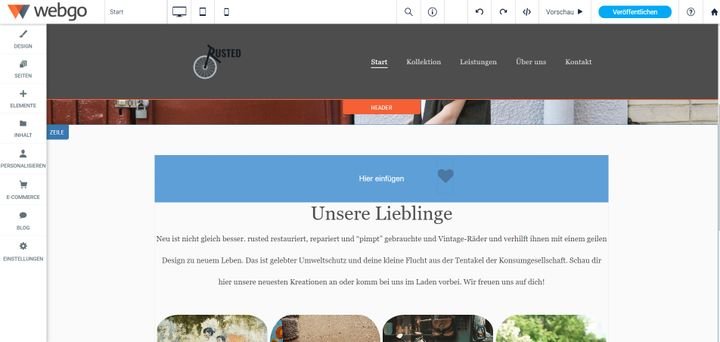 Ziehen Sie Elemente für Ihre Page einfach an die passende Stelle auf der Seite