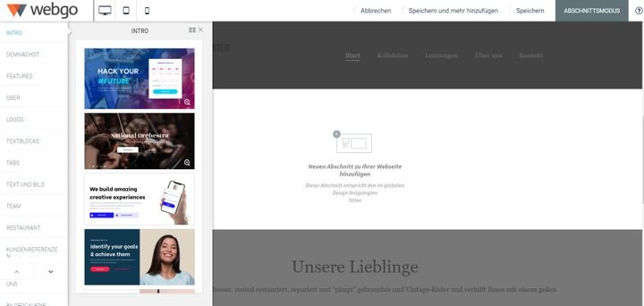 Der webgo Homepage-Baukasten bringt viele verschiedene Abschnitte mit vordefiniertem Design mit