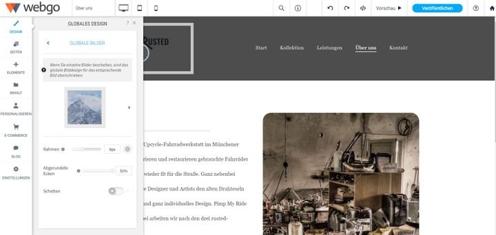 Um das Design Ihrer Page anzupassen, können Sie beispielsweise das Design Ihrer Bilder global anpassen