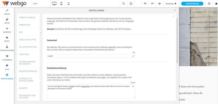 In den SEO-Einstellungen pflegen Sie individuelle Meta-Tags wie den Seitentitel und die Description Ihrer Page