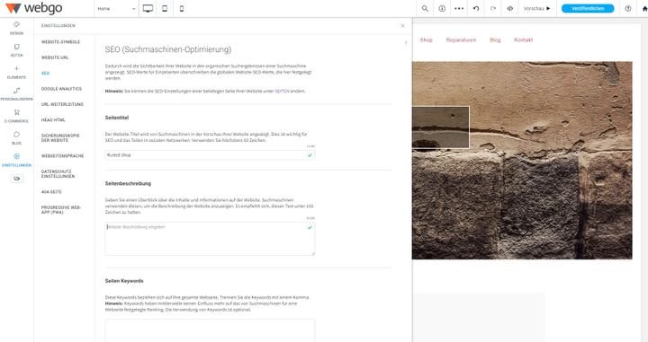 In den SEO-Einstellungen pflegen Sie individuelle Meta-Tags wie den Seitentitel und die Description Ihrer Page
