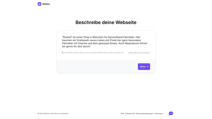 Beschreibe dein Projekt oder Unternehmen – Webme baut dir daraus deine Page