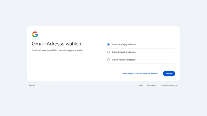 Wähle eine Gmail-Adresse aus den Vorschlägen, kreiere sie selbst oder verbinde eine externe Adresse