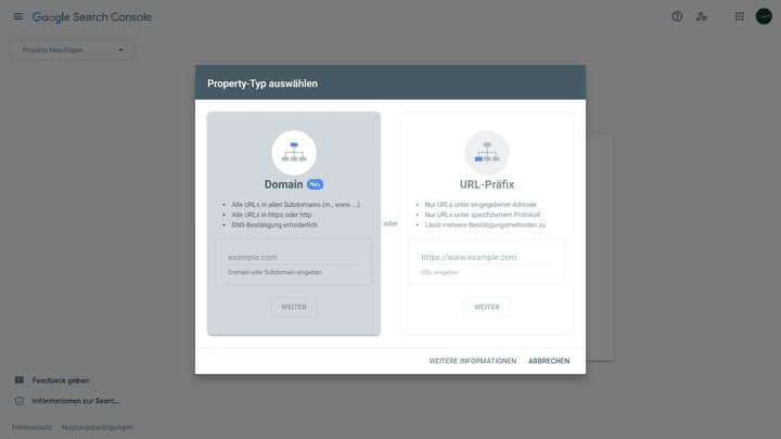 Um deine Website bei Google anmelden zu können, brauchst du eine neue Property