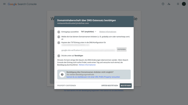 Bestätige deine Domain per TXT
