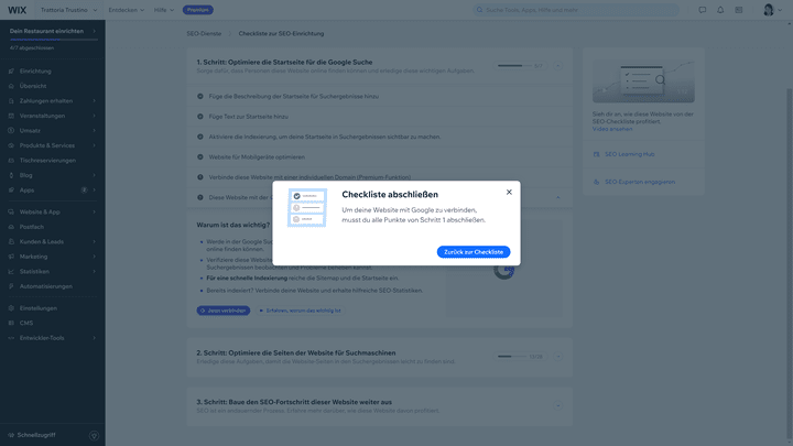 Um deine Wix-Seite mit der Search Console zu verbinden, musst du die SEO-Checkliste abschließen