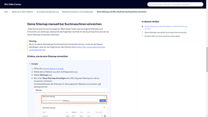 Wix erstellt die Sitemap automatisch für dich. Du kannst diese dann manuell einreichen