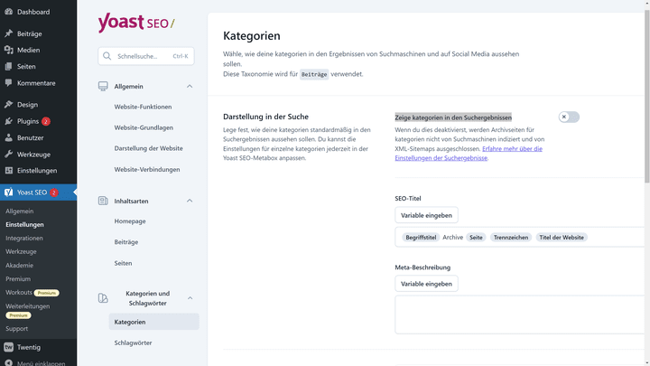Schließe irrelevante Elemente wie die Kategorieseiten von der Sitemap aus