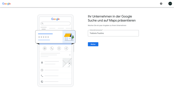 Starte die Anmeldung für dein Unternehmensprofil
