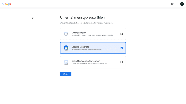Wähle die Art deines Unternehmens aus