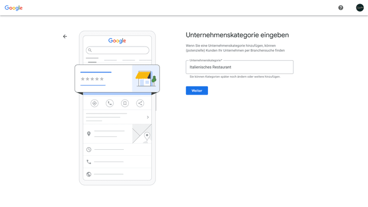Ordne deinem Unternehmen eine passende Kategorie zu