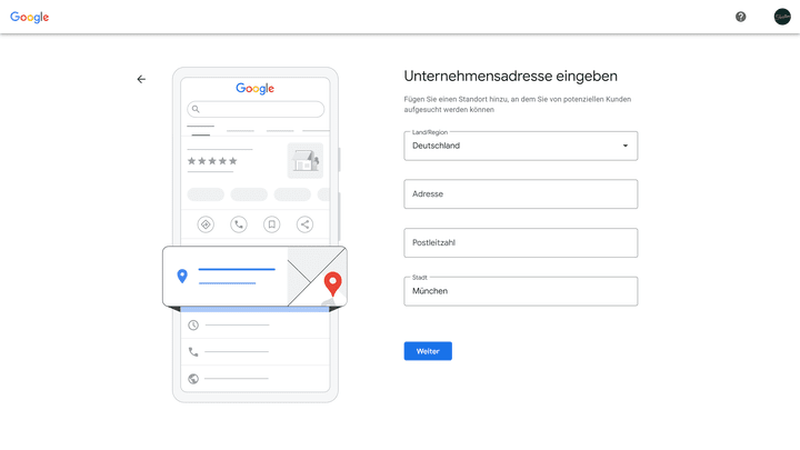 Hinterlege eine Adresse für dein Unternehmen