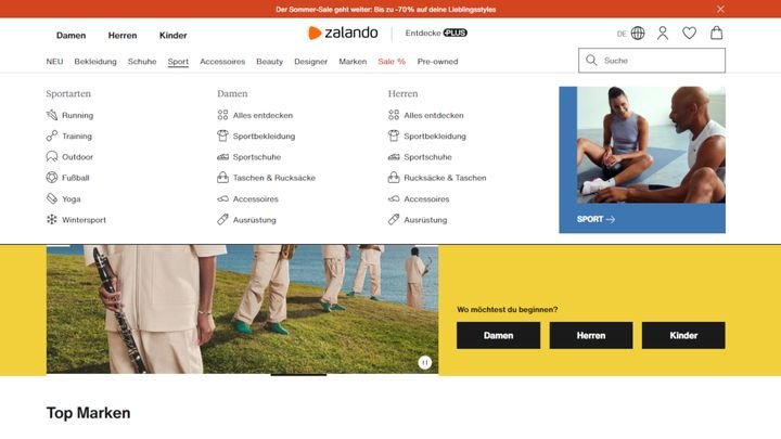 Zalando nutzt eine ausgedehnte Menüstruktur, um die Navigation zu erleichtern