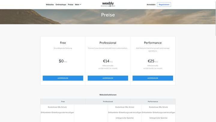 Die Preise von Weebly