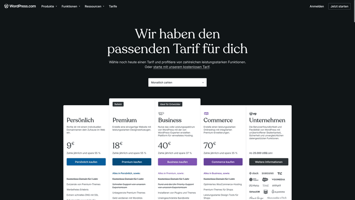 Die Preise von WordPress.com