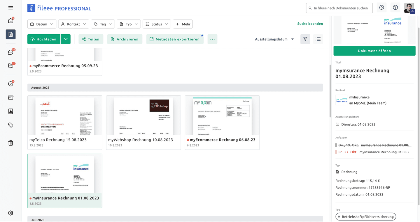 Screenshot der Dokumentenübersicht in fileee Professional